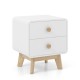 White nightstand showcasing two drawers and solid rubberwood legs, ideal for organizing bedroom essentials with style.