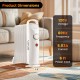 Electric oil-filled radiator heater dimensions showing 700W power, adjustable thermostat, and safety features for.