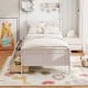 Twin size sleigh bed in white with two storage drawers, featuring a stylish headboard and wooden frame for kids' rooms.