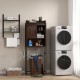Wooden cabinet with drawers, wall-mounted storage, clothes dryer, and bamboo laundry basket for efficient laundry.