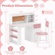 Kids desk and chair set in pink with hutch, 3-layer side shelf, and cork board, perfect for study and play.