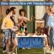 Height adjustable blue folding camping table with large storage area, perfect for picnics and outdoor gatherings.