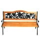 Outdoor cast iron patio bench with rose design, solid wood seat, 49.5" x 20.5" x 30", seats three adults comfortably.