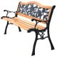 Outdoor cast iron patio bench with rose design, solid wood seat, and sturdy frame, comfortably seating three adults.