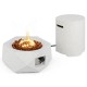 Hexagonal terrazzo fire pit table with stainless steel burner and side table for outdoor warmth and style.