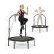 Fitness trampoline with adjustable handlebar and resistance bands for improved balance and strength training.