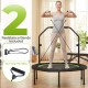 Fitness trampoline with adjustable handlebar and two resistance bands for improved balance and strength training.