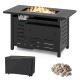 Rectangle black propane fire pit table with lava rocks, 48,000 BTU output, removable lid for versatile use on patio.