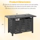 Dimensions of the 40-inch black outdoor propane fire pit table, featuring a removable lid and lava rocks for heat.