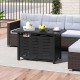 Rectangle black propane fire pit table with removable lid, lava rocks, and adjustable flames for outdoor gatherings.
