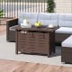 Rectangle gas fire table in brown with removable lid, lava rocks, and adjustable flames for outdoor gatherings.