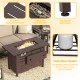 Rectangle gas fire table in brown with lava rocks, adjustable flames, and stainless steel burner for outdoor gatherings.