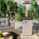 41,000 BTU propane patio heater with metal hood, featuring tempered glass and stainless-steel burner for outdoor warmth.