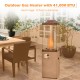 41,000 BTU propane patio heater with metal hood, featuring tempered glass and rolling wheels for easy outdoor heating.