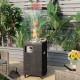 Black propane patio heater with tempered glass, lockable wheels, and a stylish design for outdoor warmth and ambiance.