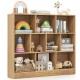 Wooden toy storage organizer with 10 open cubes, perfect for kids' rooms, displaying toys, books, and decorations.