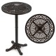 Round cast aluminum patio bar table with intricate patterns, adjustable foot pads, suitable for outdoor use in bronze.
