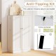 41-inch tall white pantry cabinet with doors, featuring adjustable shelves and anti-tipping kit for secure storage.