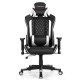 Massage gaming chair in black and white with lumbar support, adjustable backrest, and rolling wheels for comfort and.