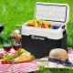 Portable 42 QT dual-zone car refrigerator in use, cooling beverages and fruits, ideal for picnics and outdoor.