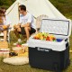 Portable 42 QT dual-zone car refrigerator in use, featuring fruits and beverages, ideal for camping and picnics.