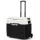 Portable 42 QT dual-zone car refrigerator in white with wheels and telescopic handle, ideal for camping and picnics.