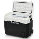 Portable 42 QT dual-zone car refrigerator in black and white, featuring wheels and a telescopic handle for easy.