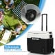 Portable 42 QT dual-zone car refrigerator with telescopic handle and wheels, ideal for picnics and camping.