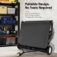 42-inch tow-behind lawn sweeper with foldable design and 26/27 cu.ft hopper bag for easy garden debris collection.