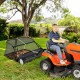 42-inch tow-behind lawn sweeper with 26/27 cu.ft hopper bag, shown in use with a lawn tractor for efficient debris.