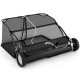 42-inch tow-behind lawn sweeper with a 26/27 cu.ft hopper bag, featuring adjustable height and robust mesh for debris.