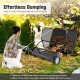 42-inch tow-behind lawn sweeper with 26/27 cu.ft hopper bag, shown in use for effortless debris collection in a garden.