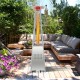 Pyramid patio heater with wheels, 42000 BTU stainless steel burner, providing 360° heat for outdoor comfort.