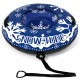 Heavy-duty 42" inflatable snow tube in blue with snowflake design, featuring a detachable tow strap for easy transport.