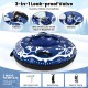 42" heavy-duty inflatable snow tube in blue with 3-in-1 valve for quick inflation and 400 lbs weight capacity.