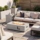 Rectangular 42-inch outdoor fire table with 50,000 BTU output, removable lid, and multifunctional tank holder for safety.