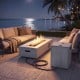 Rectangular 42-inch outdoor fire table with 50,000 BTU output, removable lid, and tank holder for versatile use.