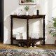 Half-moon console table in espresso with decorative items, showcasing elegant rubber wood legs and cloud-shaped shelves.