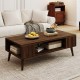 Mid-century modern walnut coffee table with open compartment and side shelves, perfect for living room organization.