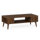 Mid-century modern walnut coffee table with open compartment and side shelves for organized storage and functionality.