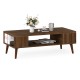 Mid-century modern walnut coffee table with open compartment and side shelves for organized storage and easy access.