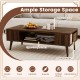 42-inch mid-century modern coffee table in walnut with open compartment and 2 side shelves for organized storage.
