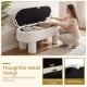 Beige 42-inch storage ottoman bench with plush corduroy fabric and lifting strap, ideal for versatile storage solutions.