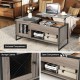 Lift top coffee table in gray with storage, enclosed compartment, and rustic wood grain design for versatile use.