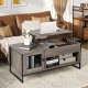 Lift top coffee table in gray with storage, featuring a rustic wood grain and metal frame for versatile use.