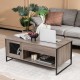 Lift top coffee table in gray with storage, featuring a rustic wood grain finish and metal frame for an industrial look.