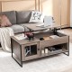 Lift top coffee table in gray with storage, featuring a rustic wood grain design and U-shaped metal legs for stability.