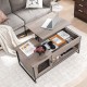 Lift top coffee table in gray with storage, enclosed compartment, and open shelf for versatile use in living spaces.