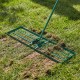 Lawn leveling rake with ergonomic handle, 42 x 10 inches, ideal for even lawn surfaces in gardens and backyards.