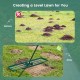 Lawn leveling rake with ergonomic handle, showcasing before and after results for a smooth lawn surface.